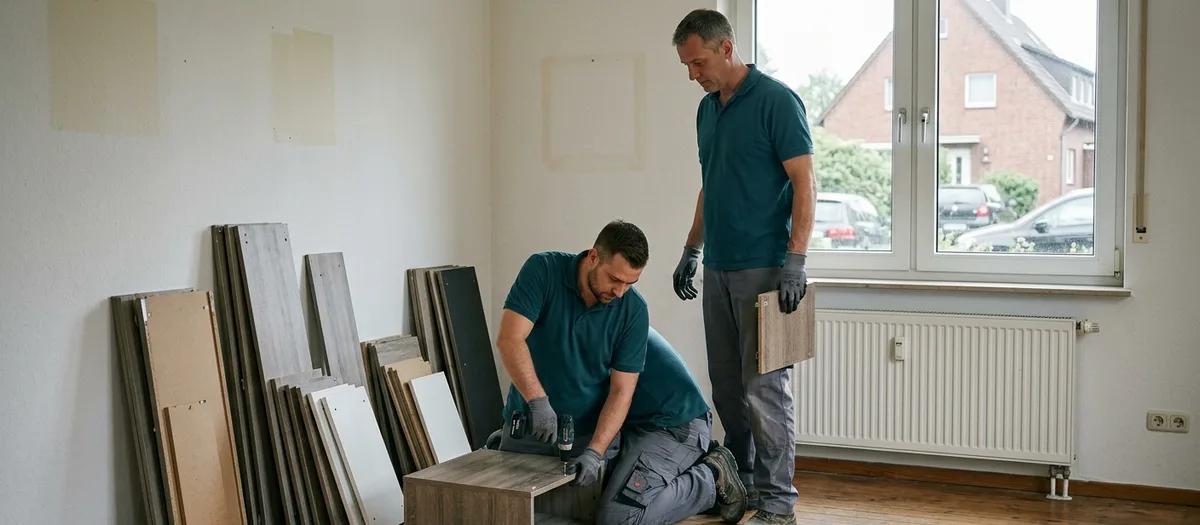 Helfer löst mit dem Akkuschrauber die Beschläge einer Schrankwand, Platten stehen gegen die Wand gelehnt