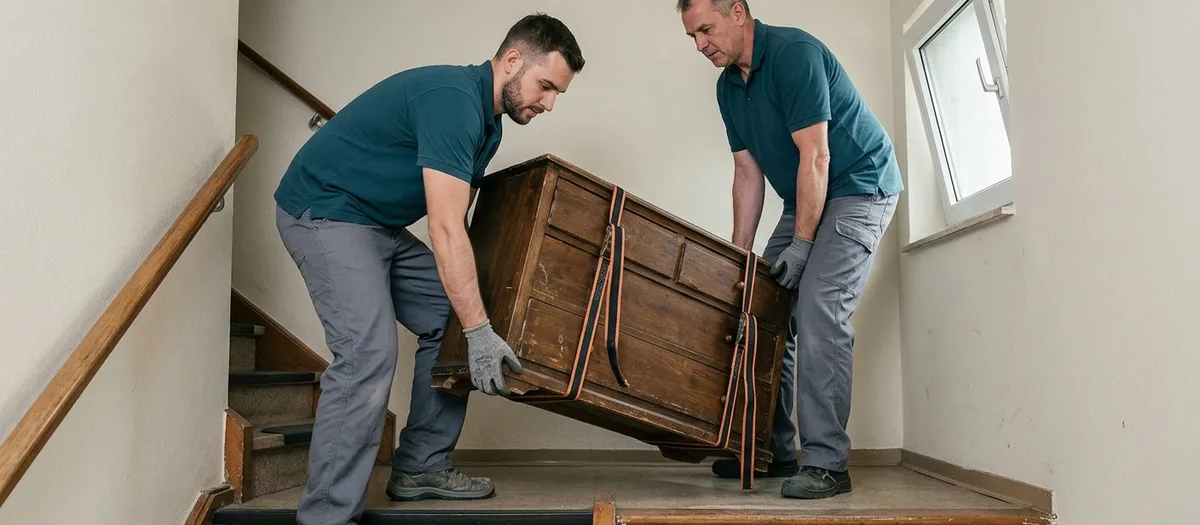Zwei Helfer mit Tragegurten heben eine Kommode über eine Treppenstufe