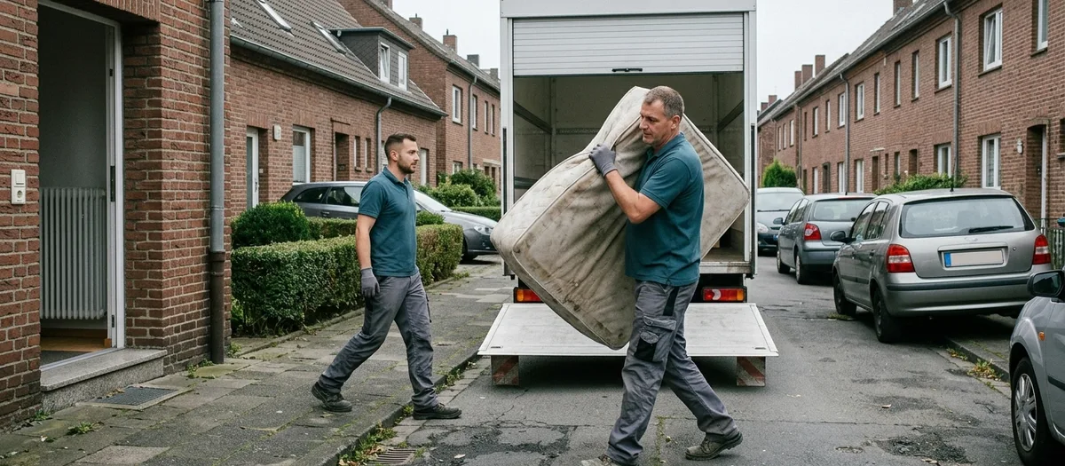 Helfer trägt eine alte Matratze aus einem Hauseingang zum offenen Laderaum des Transporters