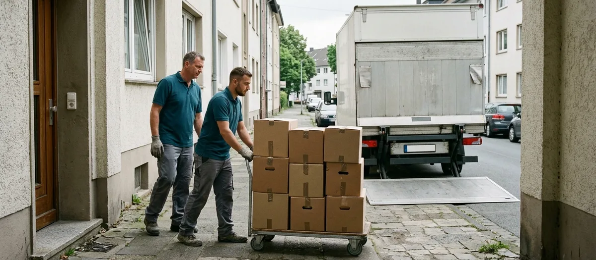 Zwei Träger schieben ein Rollbrett mit gestapelten Kartons durch eine gepflasterte Hofdurchfahrt, am Ende des Durchgangs steht der Wagen an der Straße