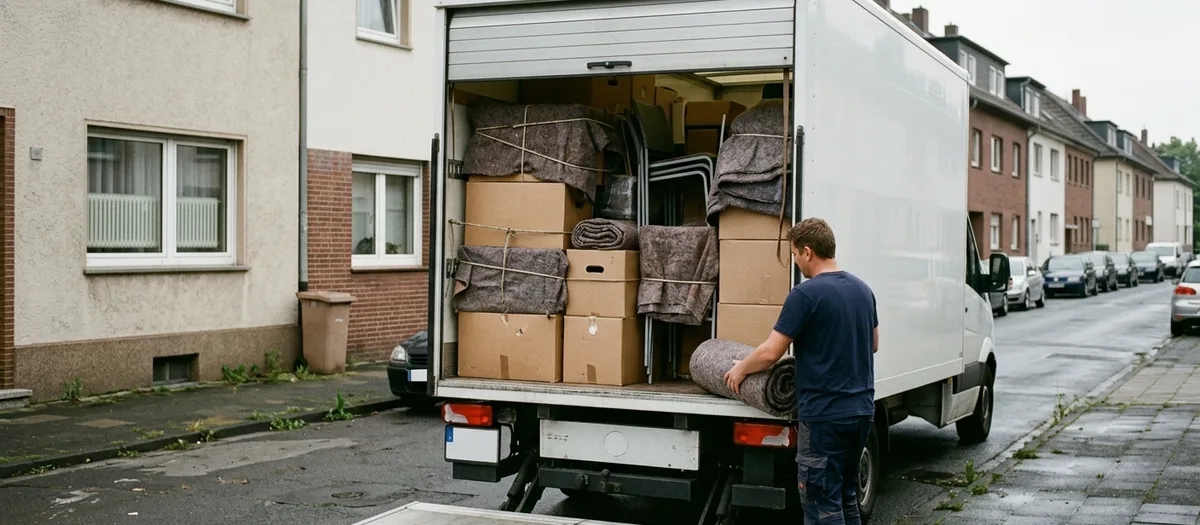 Kartons und in Decken gewickelte Möbel dicht gestapelt im offenen Laderaum eines Umzugswagens, ein Helfer legt eine gerollte Möbeldecke obenauf