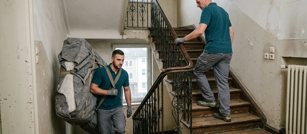 Träger mit Tragegurten steigt mit einer in Decken gewickelten Matratze ein hohes Altbautreppenhaus hinauf, über ihm ein zweiter Helfer am Handlauf