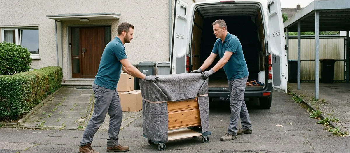 Transporter mit offener Hecktür in der Einfahrt eines freistehenden Siedlungshauses, zwei Träger schieben eine in Decken gewickelte Kommode auf einem Rollbrett zwischen Haustür und Wagen