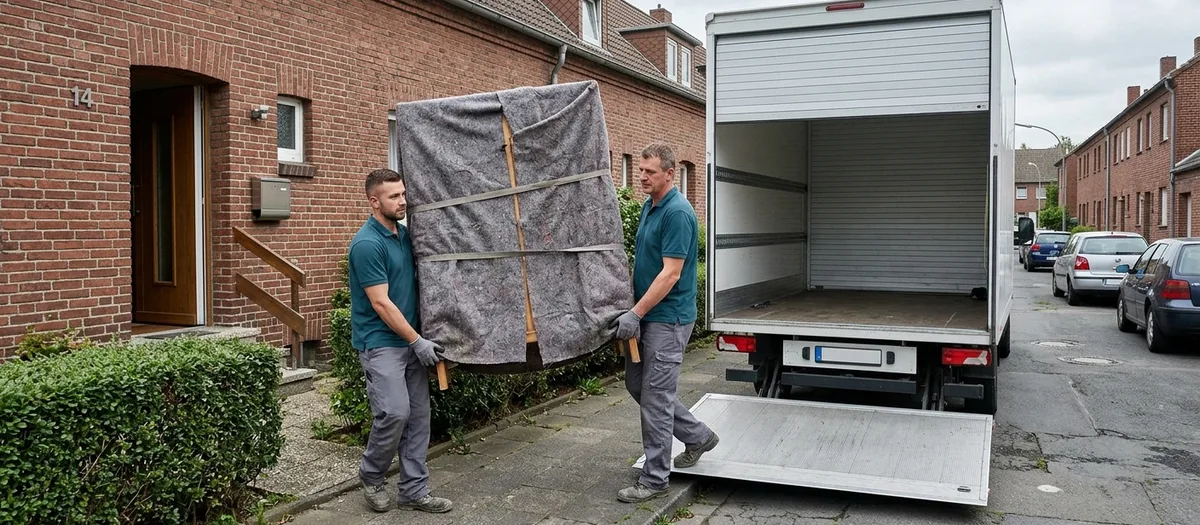 Zwei Helfer tragen einen in Decken geschlagenen Schrank aus einem Reihenhaus zum wartenden Transporter