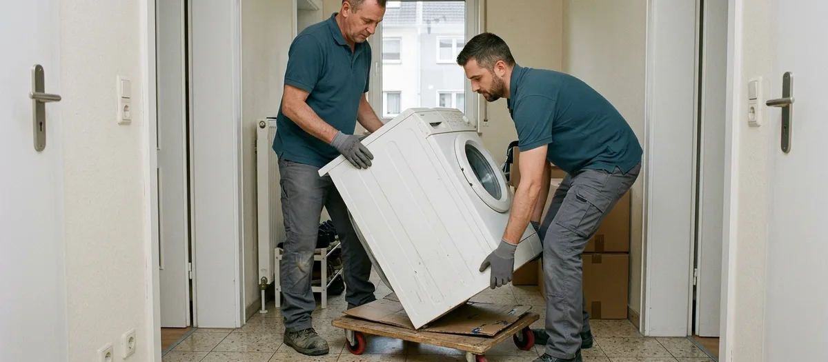 Zwei Helfer setzen eine Waschmaschine auf ein Rollbrett im Hausflur ab