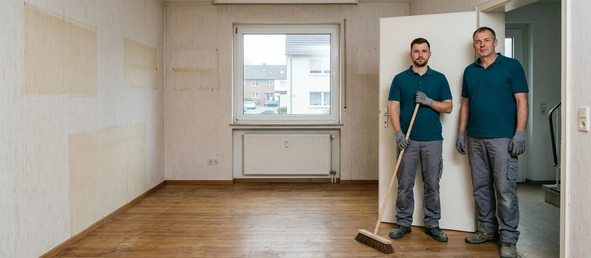 Leergeräumtes Zimmer mit gefegtem Boden und hellen Flecken an der Wand, im Türrahmen zwei Helfer, einer mit dem Besen in der Hand